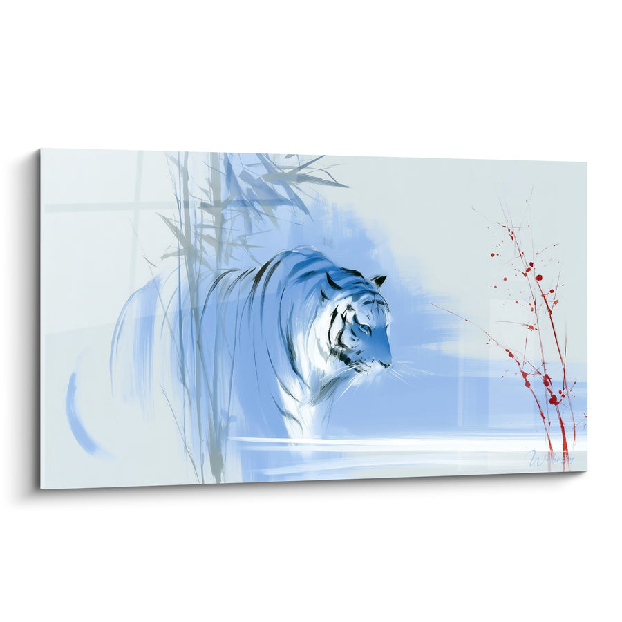 Tableau Tigre bleu et rouge branches encre - Silence givré - Edition Tigre
