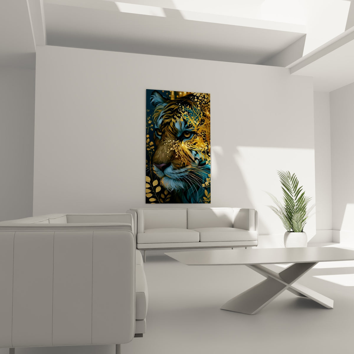 Tigre bleu nuit et or, regard perçant, au-dessus d'un canapé dans un salon lumineux