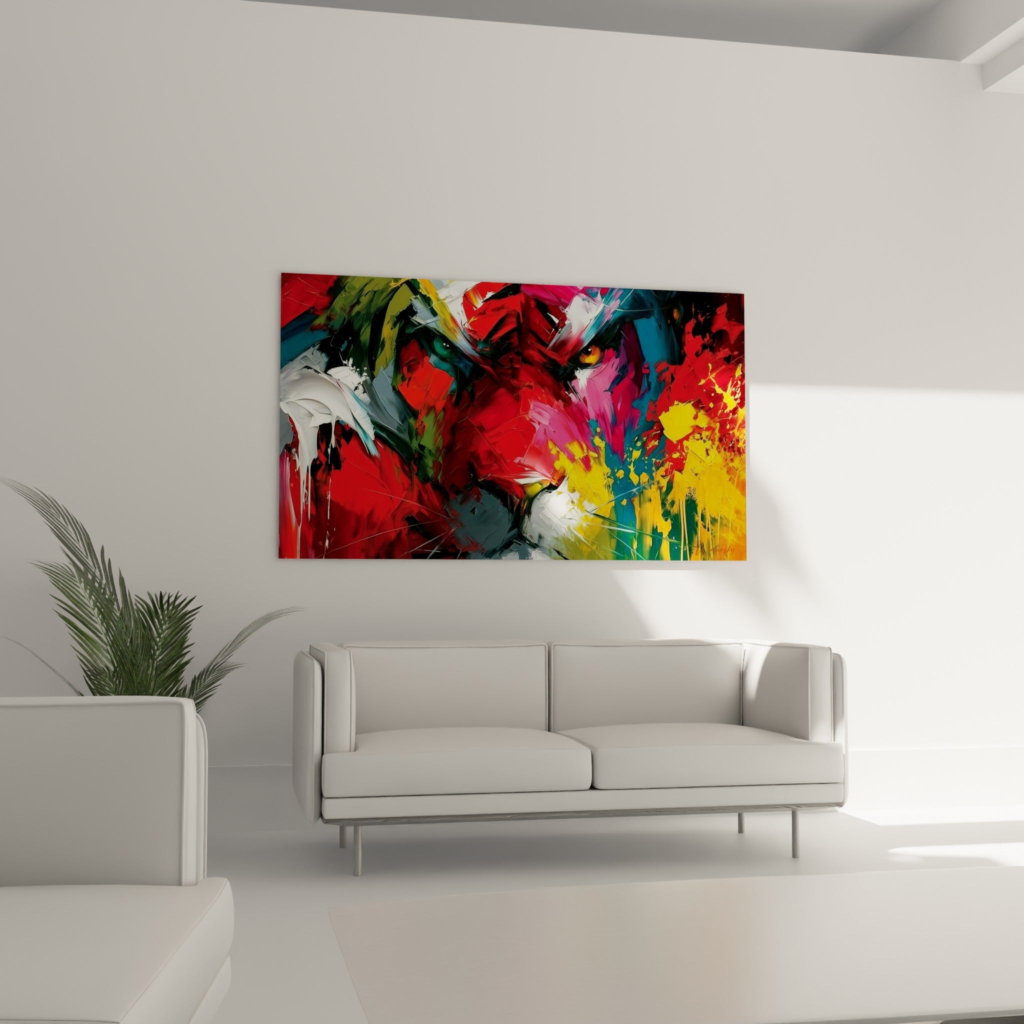 Fauve aux couleurs éclatantes rouge et bleu pétrole, suspendu au-dessus d'un canapé dans un salon lumineux