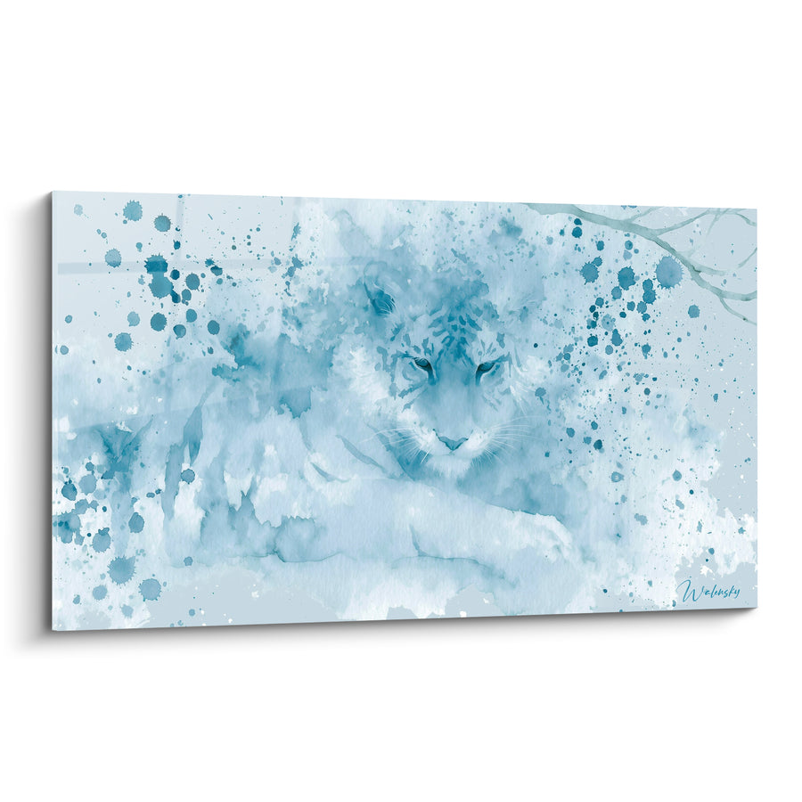 Tableau Tigre monochrome bleu et blanc aux éclaboussures d'aquarelle - Silhouette givrée - Edition Tigre