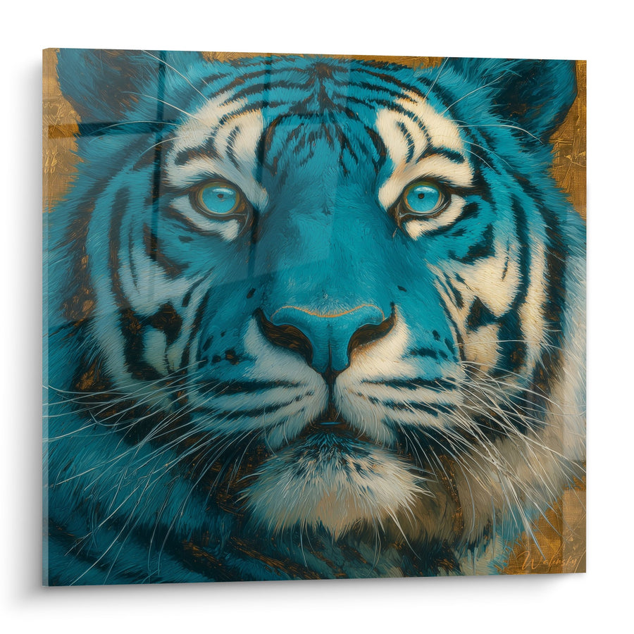Tableau portrait tigre bleu turquoise regard perçant yeux émeraude - Majesté Azur - Edition Tigre
