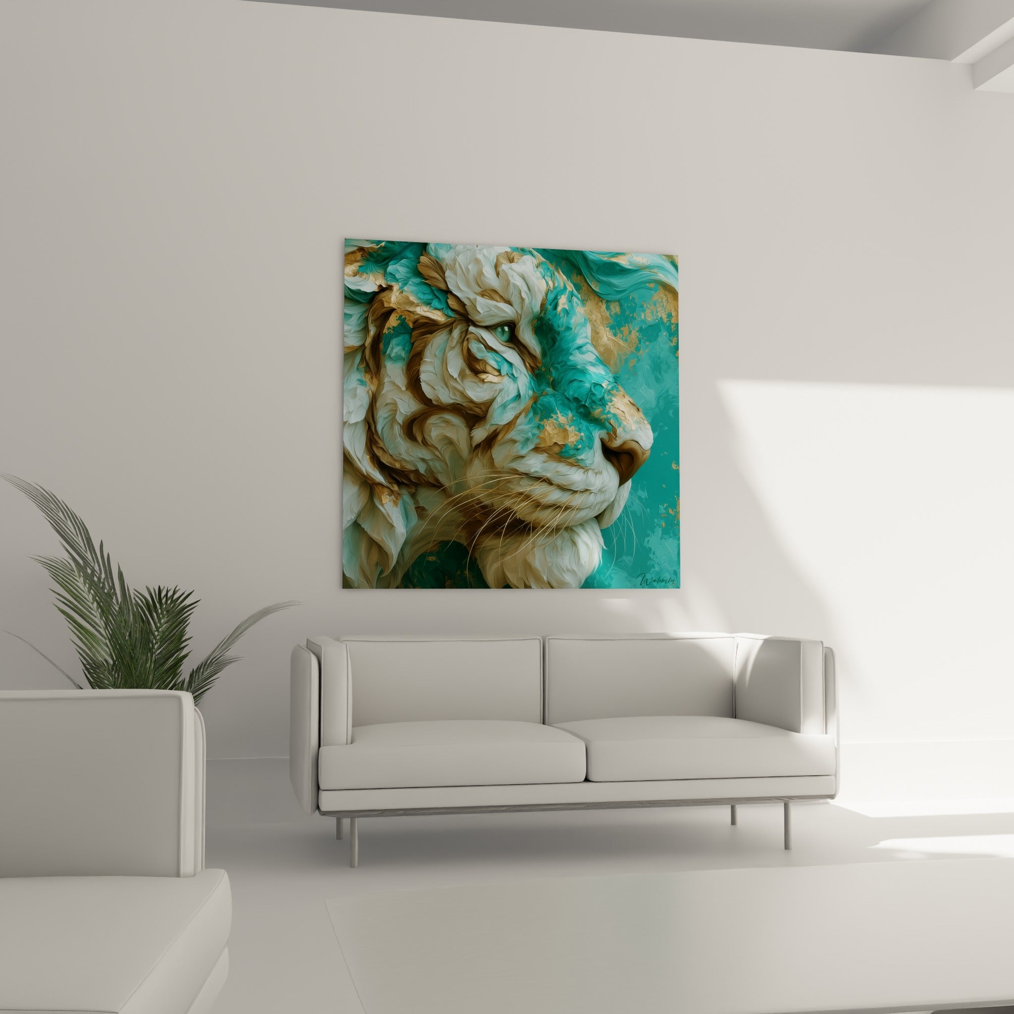 Portrait de tigre bronze et bleu-vert au regard perçant, suspendu au-dessus d'un canapé dans un salon lumineux