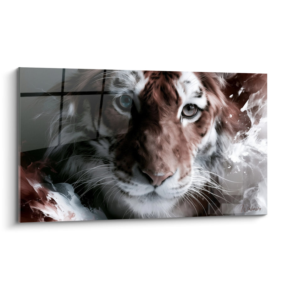 Tableau Tigre bordeaux et blanc aux volutes fumées - Regard dans la brume - Edition Tigre