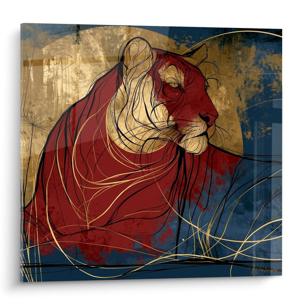 Tableau Tigre bordeaux et bleu marine aux mèches dorées - Vigilance silencieuse - Edition Tigre