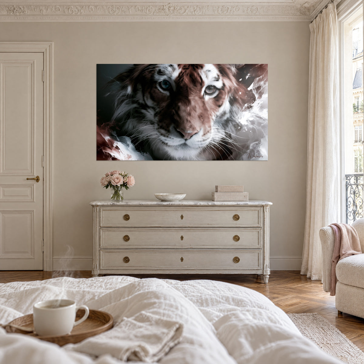 Wall art large big cat with a turquoise gaze, rust and white coat, mist splashes, above a bed in a light bedroom