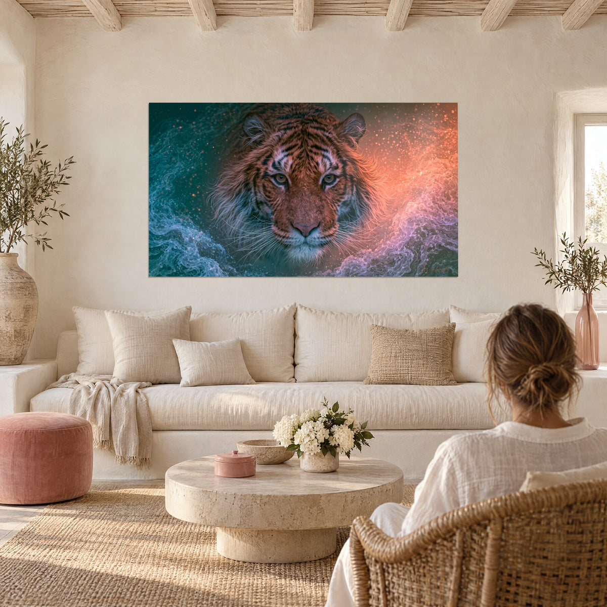 Wall art tiger with amber gaze between turquoise waves and coral tones, woman seen from behind, above a sofa in a bright living room
