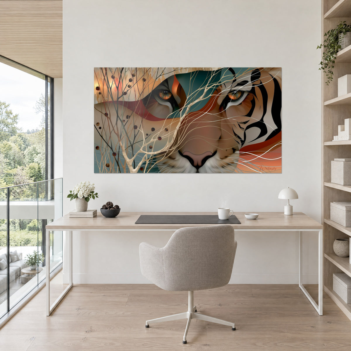 Wall art tiger portrait with black stripes and brown berries, teal and cream, hung above a light desk