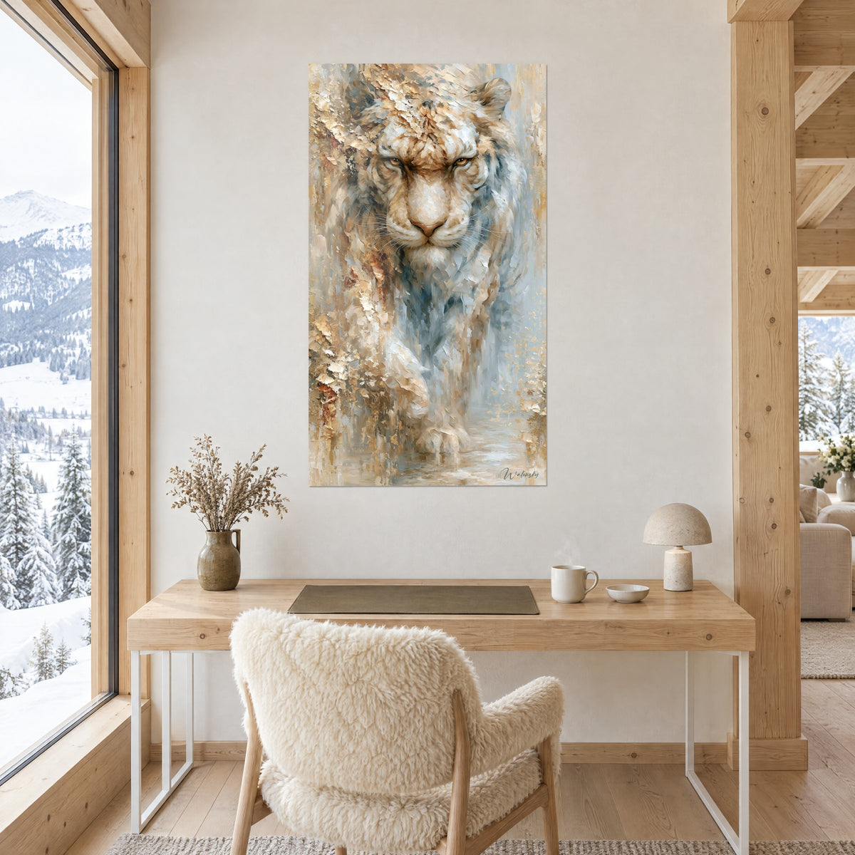 Tableau tigre aux yeux d'ambre, touches ocre et bleu nuage, accroché sur un mur blanc au-dessus d'un bureau en bois clair