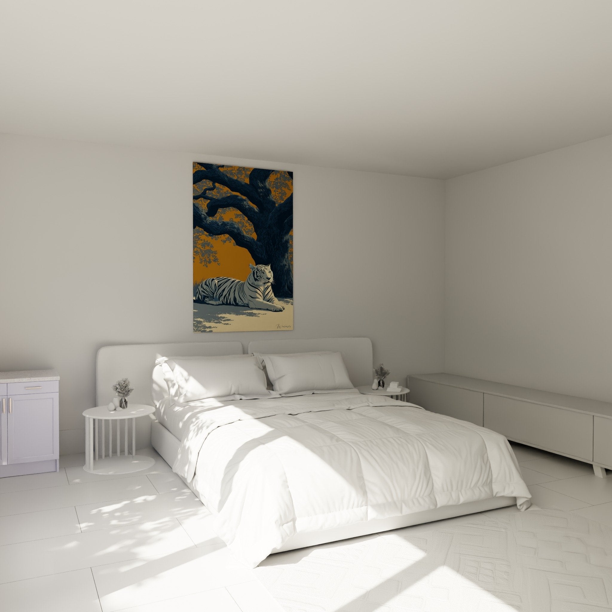 Tableau tigre majestueux chambre decoration murale tons chauds orange bleu ambiance zen