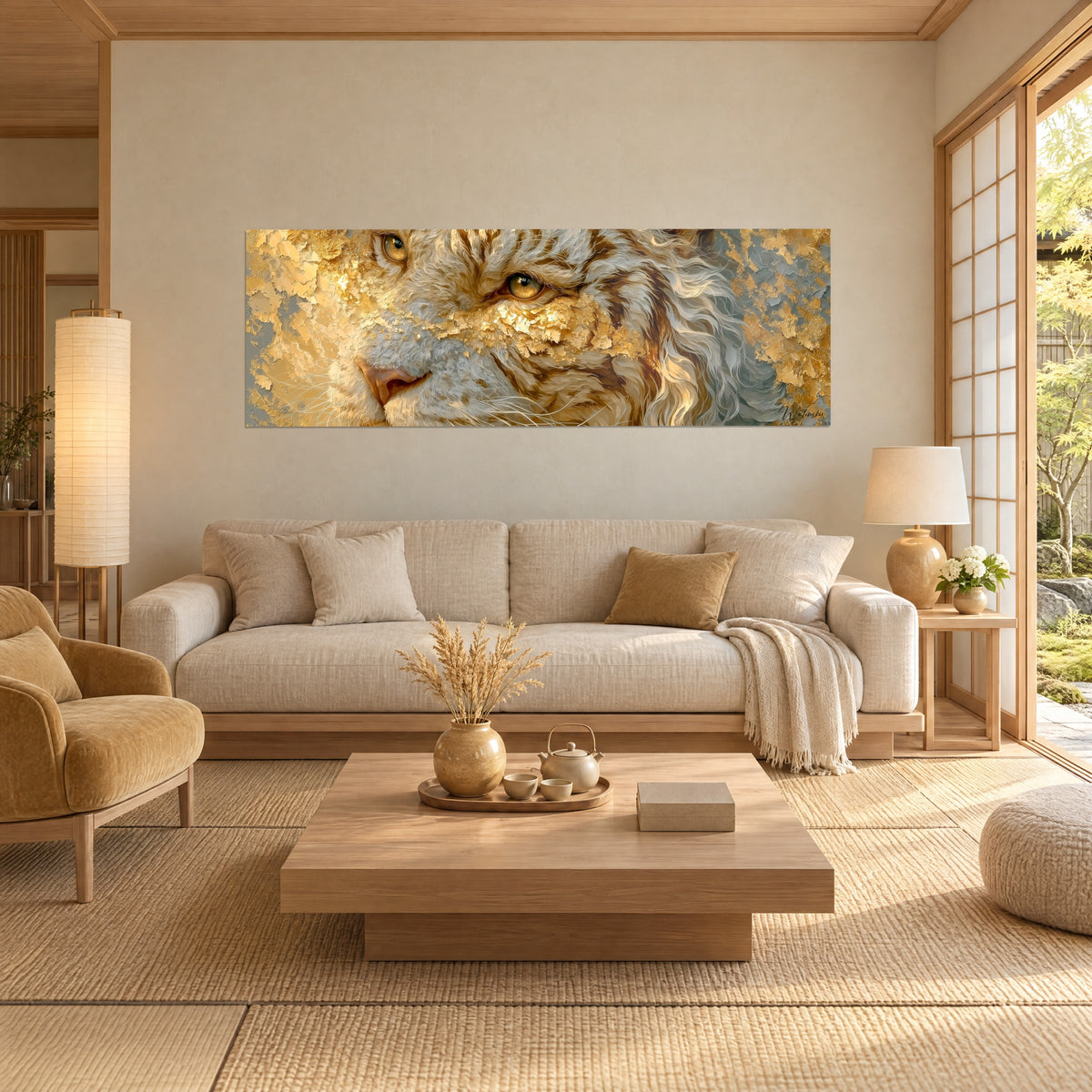 Tableau fauve blanc aux yeux ambrés, éclats d'or et fond gris acier, au-dessus d'un canapé dans un salon lumineux