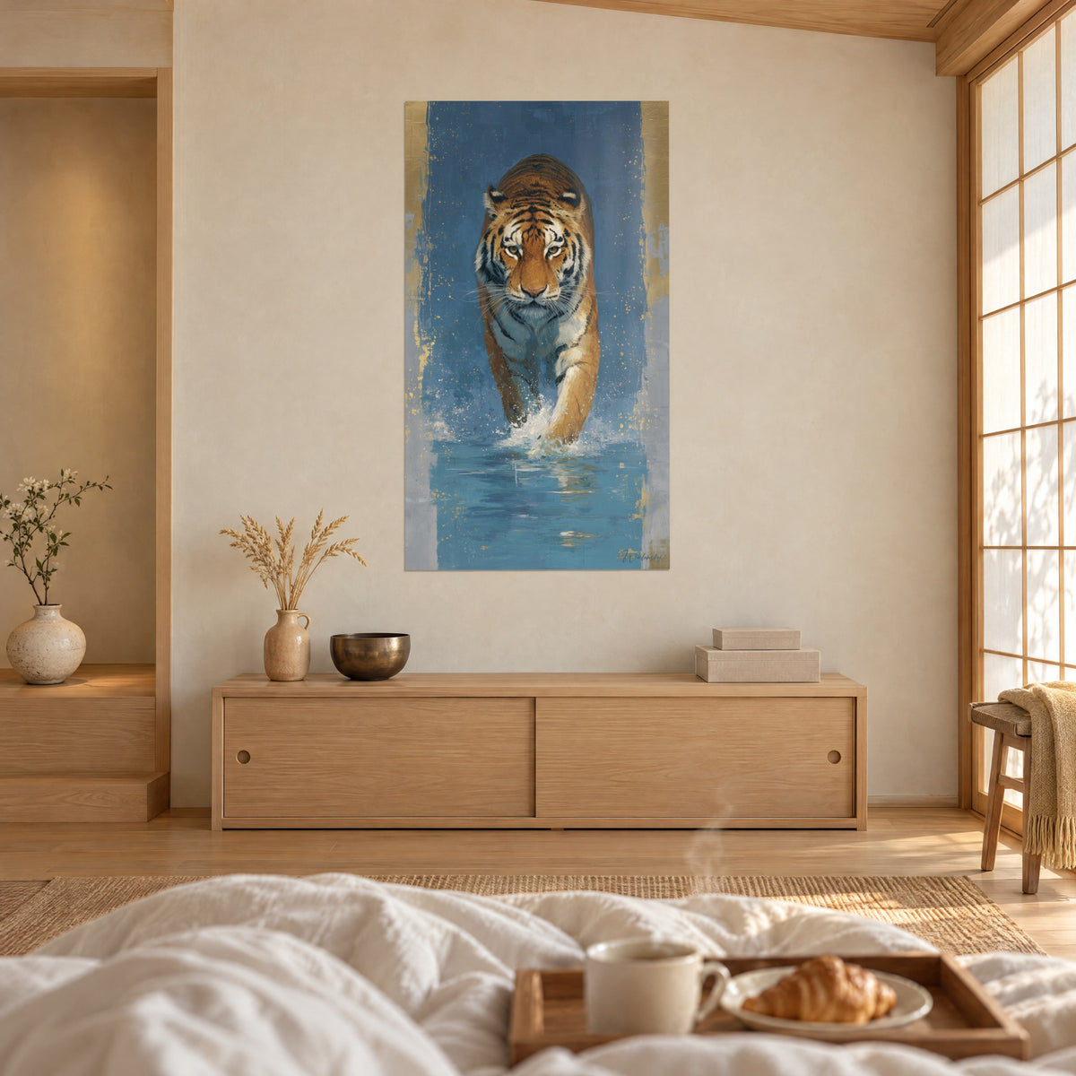 Wall art of a large cat mid-crossing, tawny and cream fur, splashing turquoise water, above a bed in a light bedroom