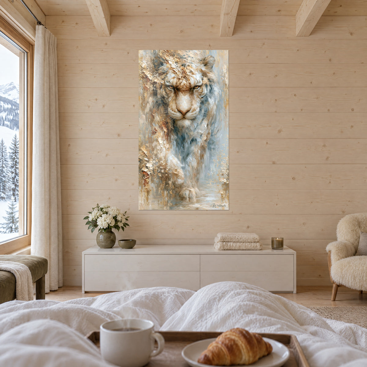 Tableau fauve à la fourrure texturée ivoire et bleu pâle, regard ambré intense, au-dessus d'un lit dans une chambre claire