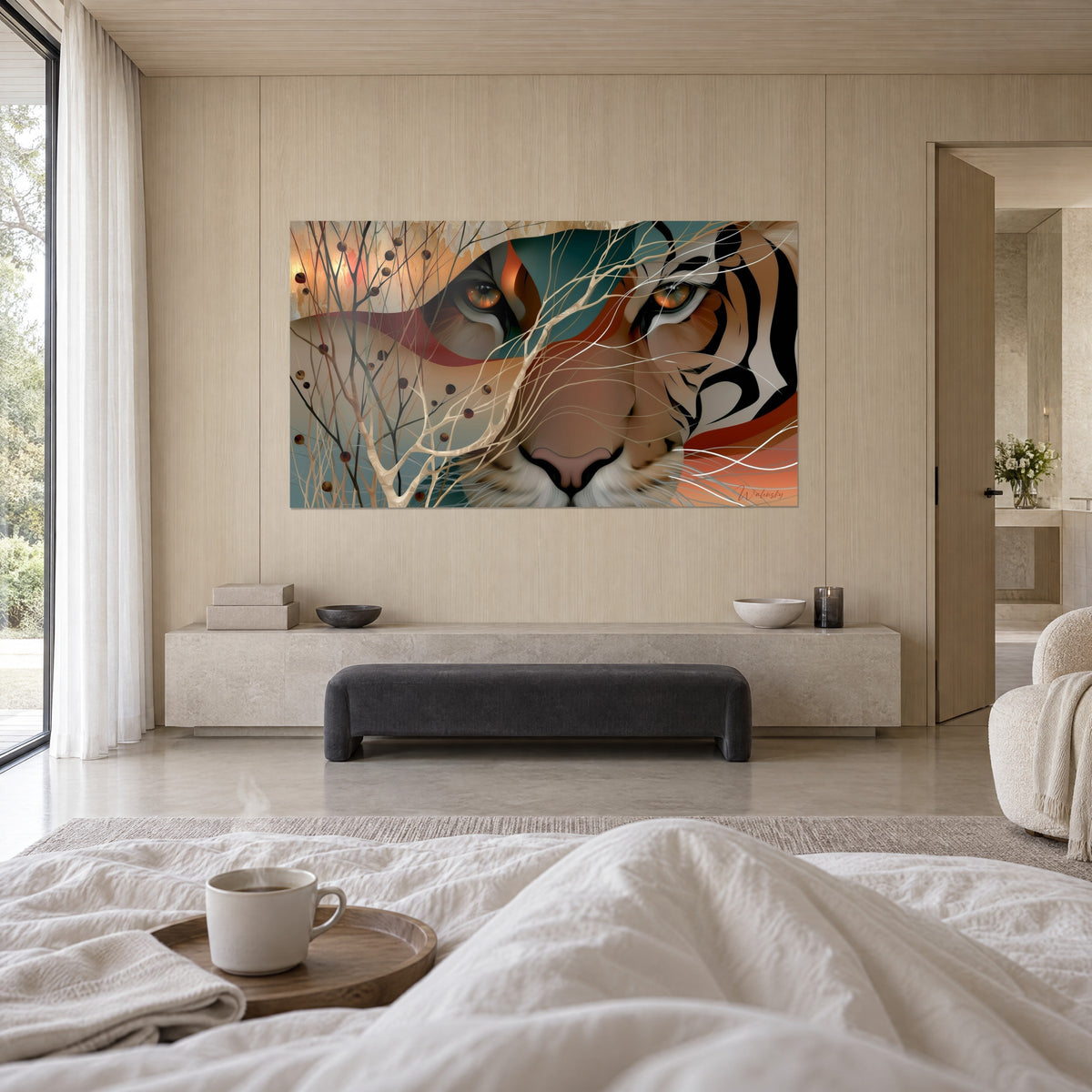 Wall art wildcat with a pink muzzle and amber eyes, teal and ochre, white branches, above a bed in a light bedroom
