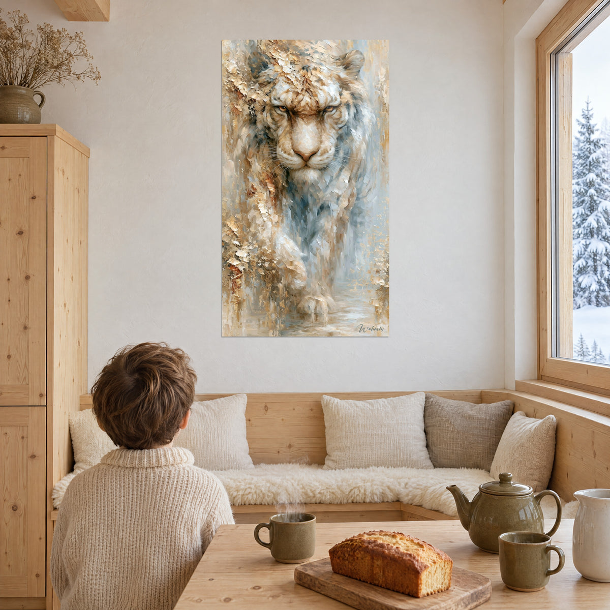 Tableau grand félin émergeant en spatulé doré et bleu argenté, face à un coin repas en bois, chalet enneigé