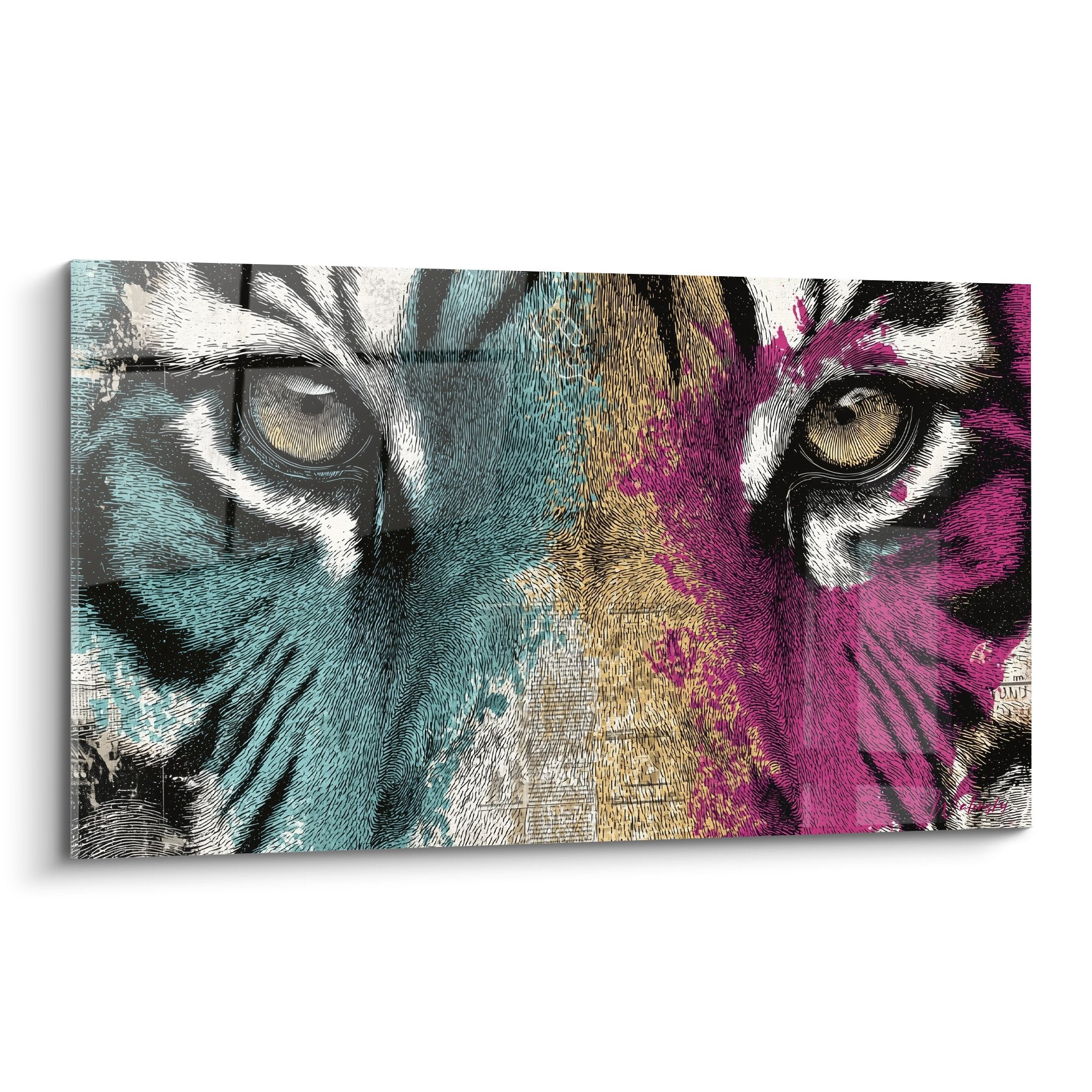 Farbiges Tigergemälde blaugrün türkis rosa fuchsia intensiver Blick goldene Augen moderne Gravur Wanddekoration