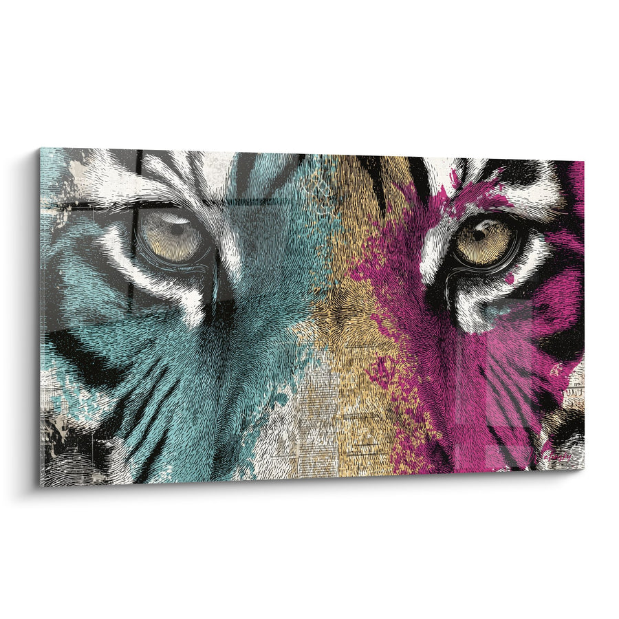 Tableau Regard de Félin aux Couleurs Vives Bleu Turquoise et Rose - Intensité Sauvage - Edition Tigre