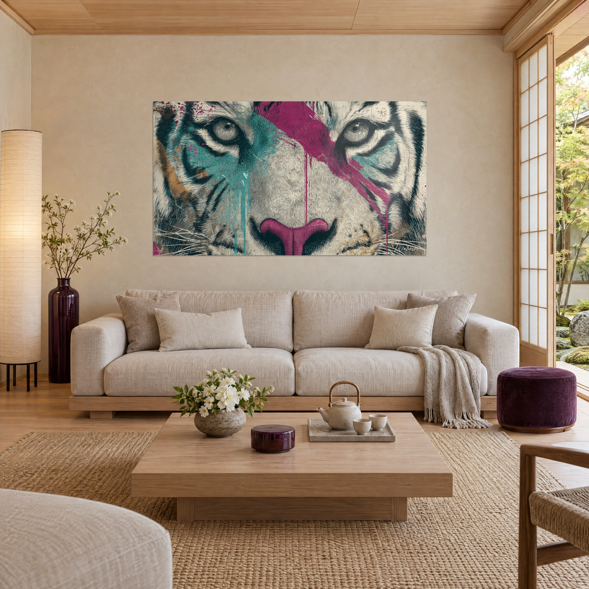 Gemälde weißer Tiger mit wildem Blick, türkise und magentafarbene Striche auf cremefarbenem Grund, über einem Sofa in einem hellen Wohnzimmer