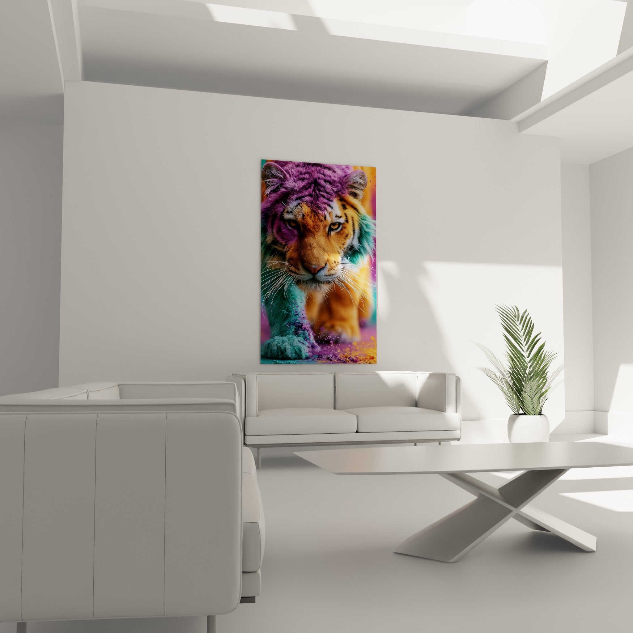 Tigre coloré aux teintes violettes et vertes, disposé au-dessus d'un canapé dans un salon lumineux