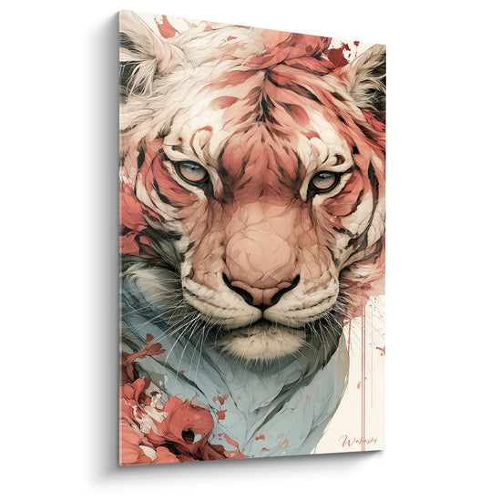 Tigre au regard bleu perçant, pelage corail et rouge éclaboussé, technique aquarelle sur fond crème