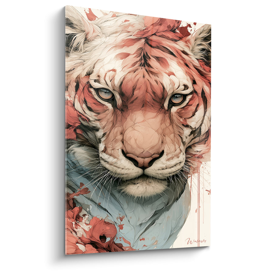 Tableau Tigre rose et bleu pâle aux coulures de peinture - Yeux clairs perçants - Edition Tigre