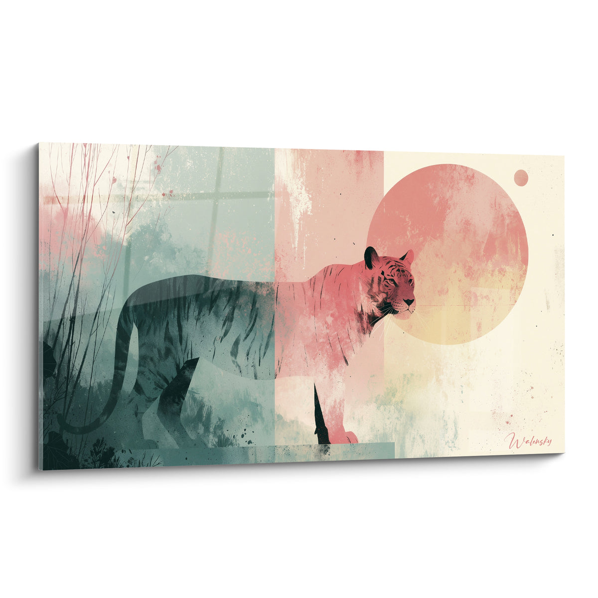 Tigre corail et sarcelle traversant un cercle lunaire rosé, style graphique et texturé