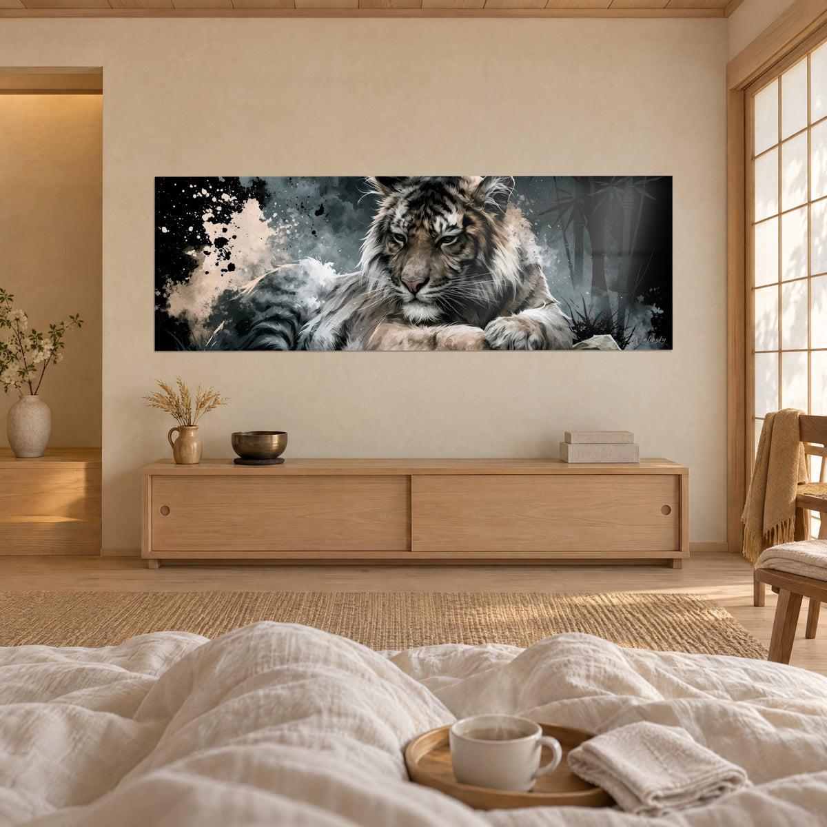 Wall art of a dozing tiger with black and beige ink stains, a light wool rug at its base, above a bed in a bright bedroom