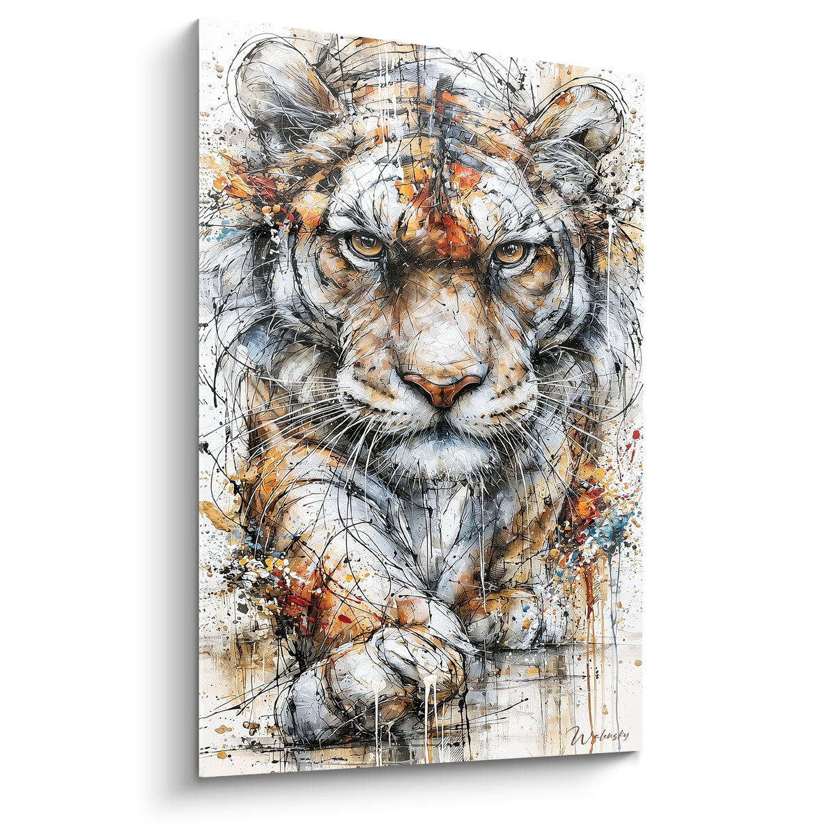 Tigre couché aux teintes fauve et orangée, museau détaillé et éclats d'encre noire sur fond blanc