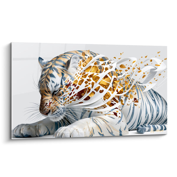 Tableau Tigre couché ocre et bleu ardoise dissous - Songe fragmenté - Edition Tigre