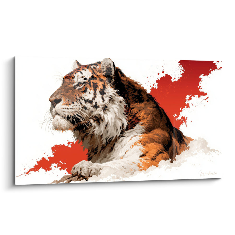 Tableau Tigre roux et blanc aux éclaboussures rouges - Fauve alangui pattes croisées - Edition Tigre