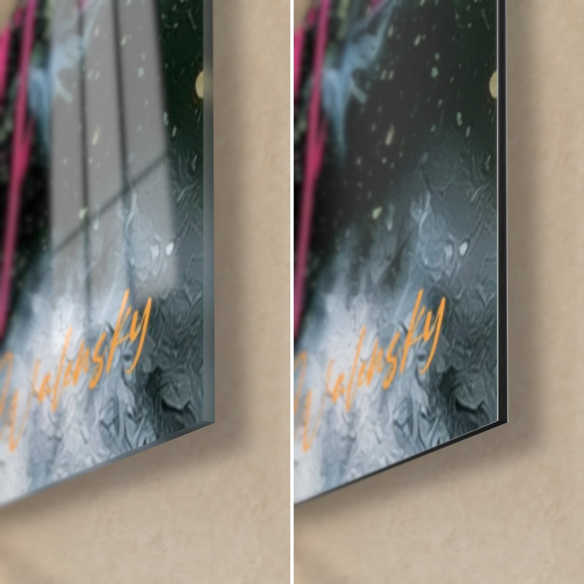 Wall art tiger splashed with pink and green, bottom right corner: glossy glass on the left, matte Dibond on the right, 3 mm edge