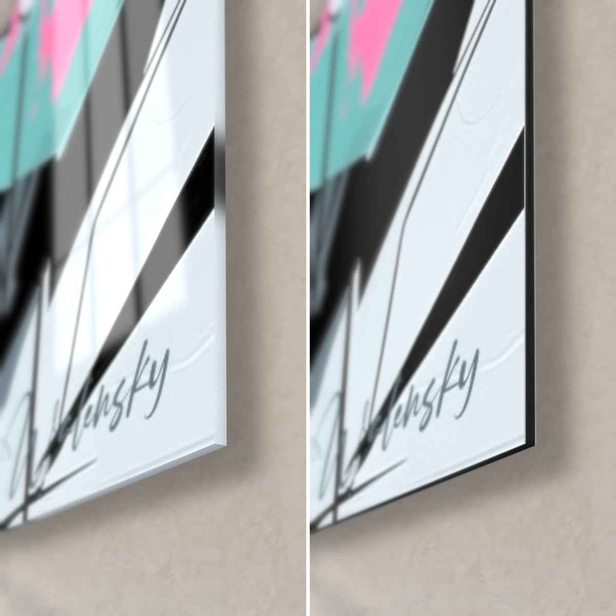 Wall art of a tiger with white and black outlines, bottom right corner: glossy acrylic glass on the left, matte Dibond on the right, 3 mm edge