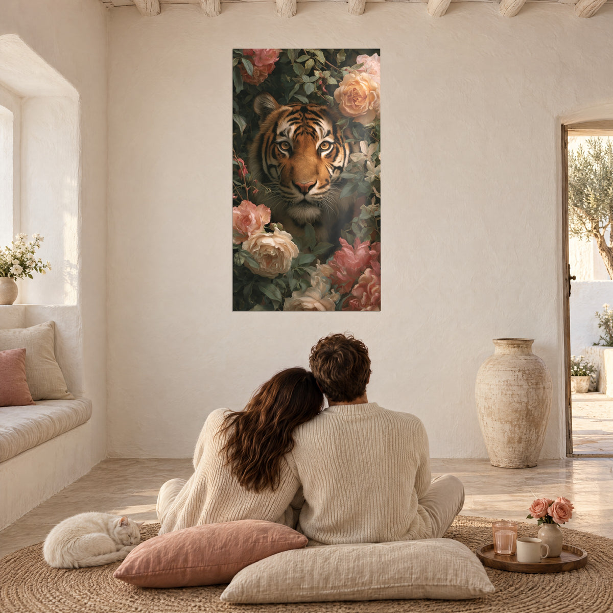 Cuadro mirada felina cobriza entre flores rosa polvo y verde salvia, pareja de espaldas sobre cojines, gato tranquilo