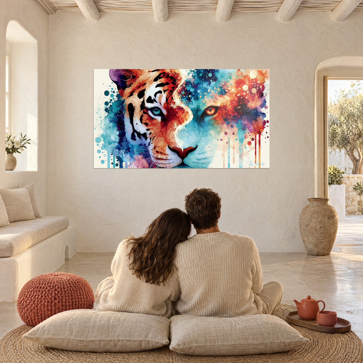 Tableau visage de tigre éclaté en couleurs, orange vif et bleu canard, gouttes coulantes, face à un couple assis sur des coussins au sol