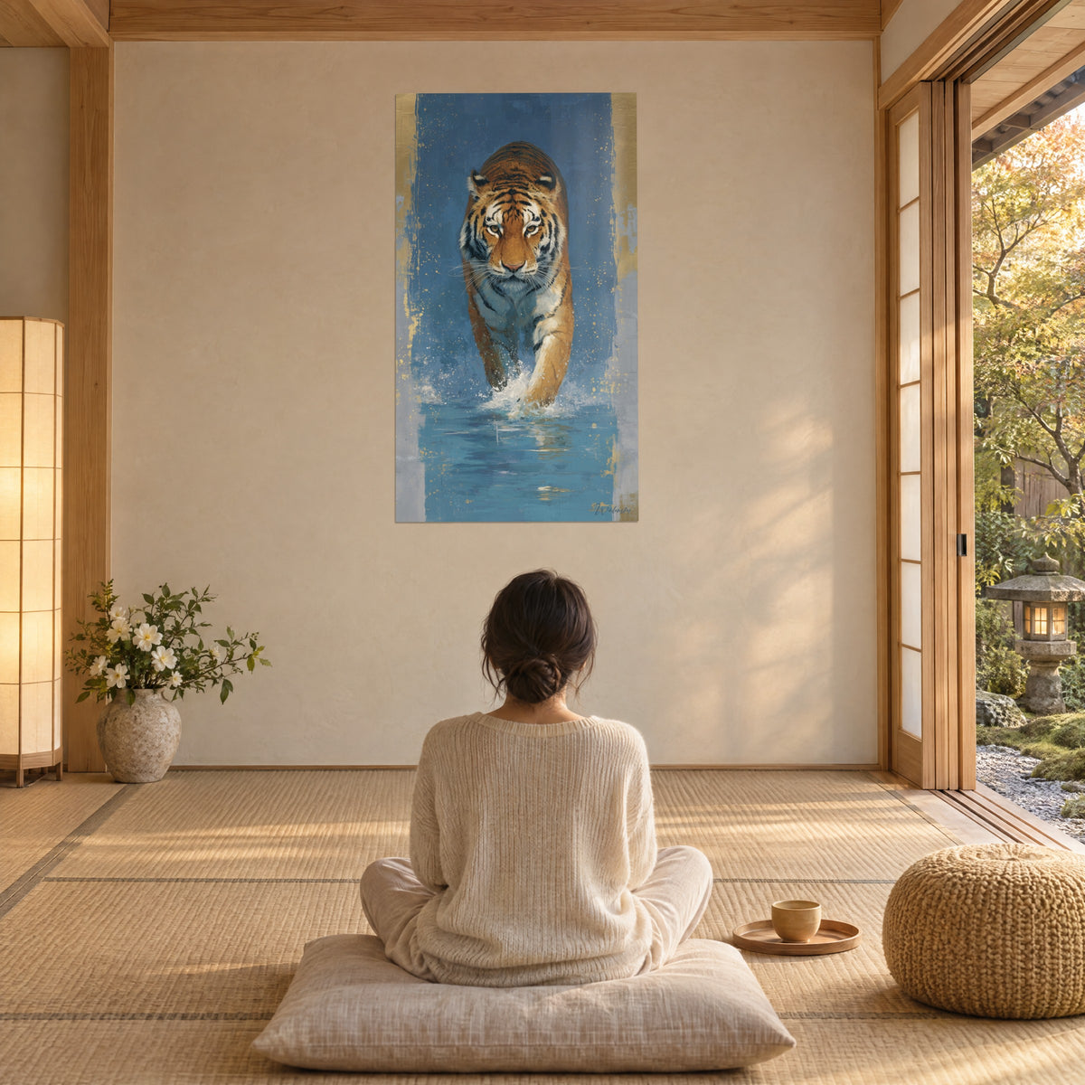 Wall art of a wild animal leaping out of the water, russet fur, steel-blue reflections and golden highlights, zen living room with a meditation cushion