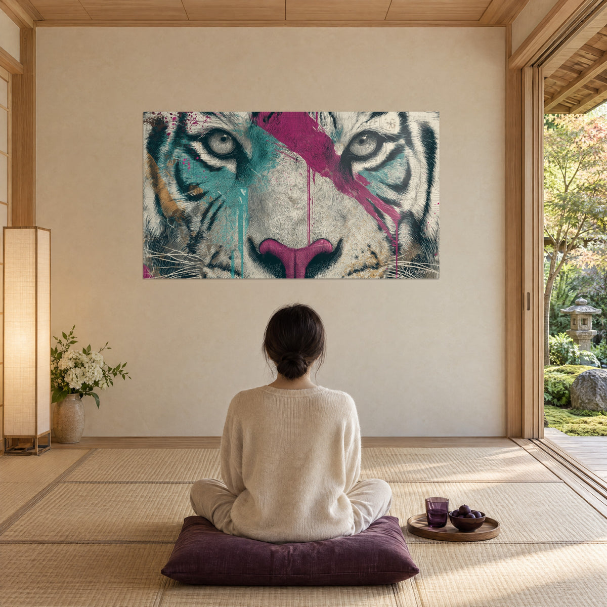 Gemälde Tiger mit weißen Schnurrhaaren, magentafarbene und türkise Akzente, betrachtet von einem pflaumenfarbenen Kissen in einem Raum mit Tatami-Matten