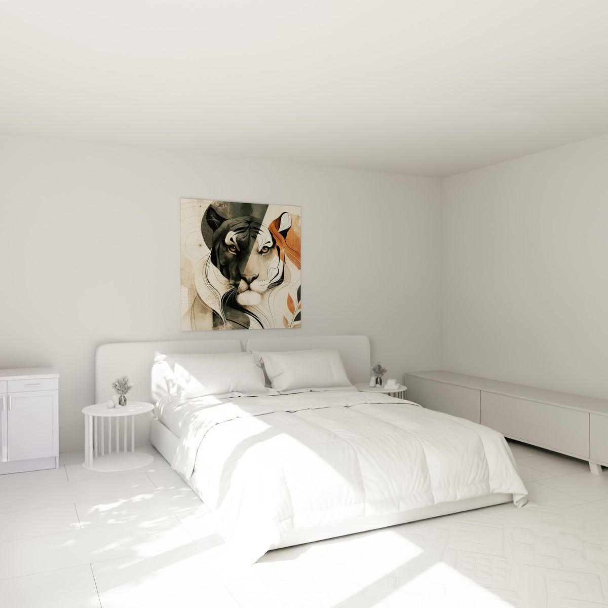 Tigre mi-ombre mi-lumière aux teintes crème et anthracite, accroché au-dessus d'un lit dans une chambre claire