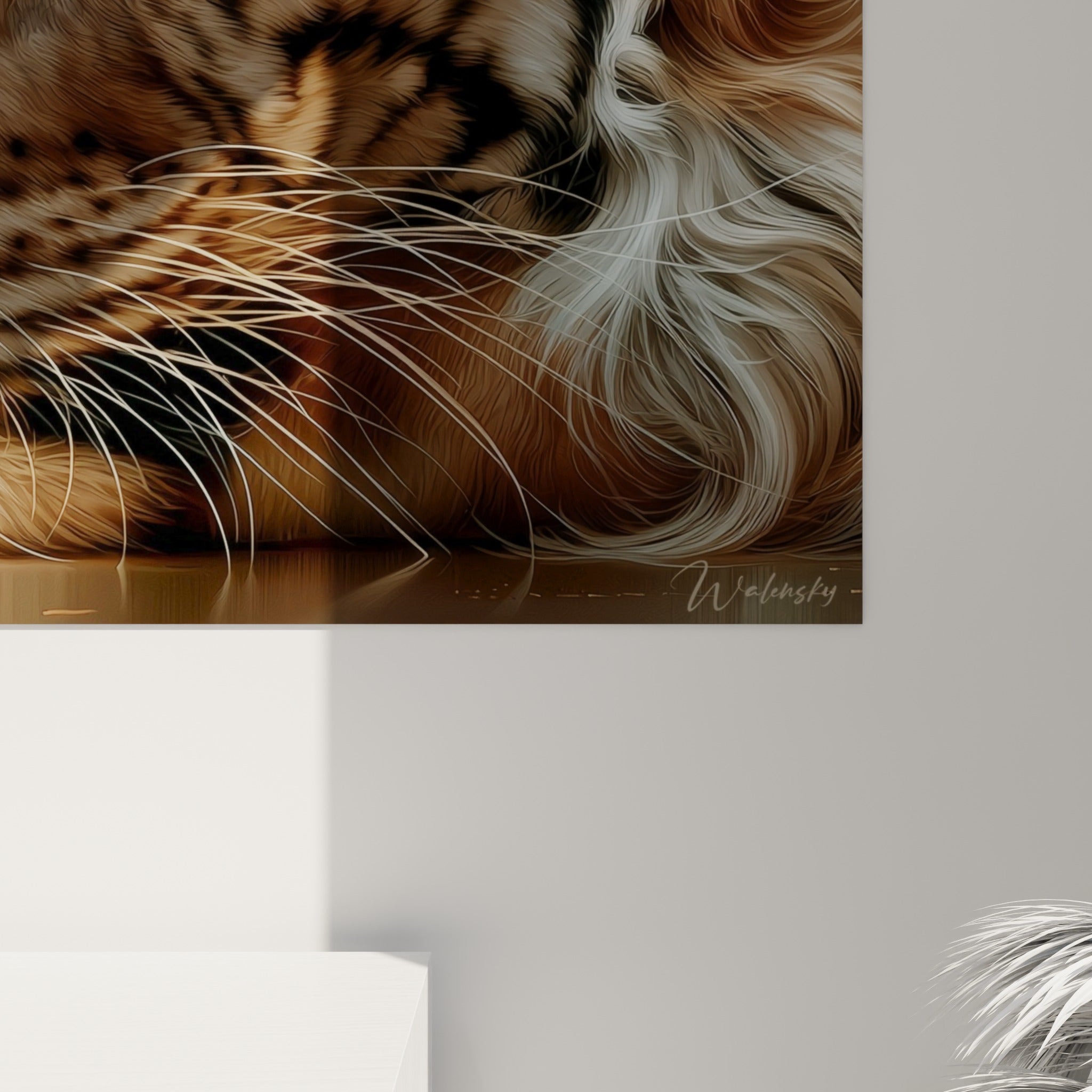 Détail des rayures anthracite et du pelage fauve du tigre, texture hyperréaliste et reflets dorés visibles de près
