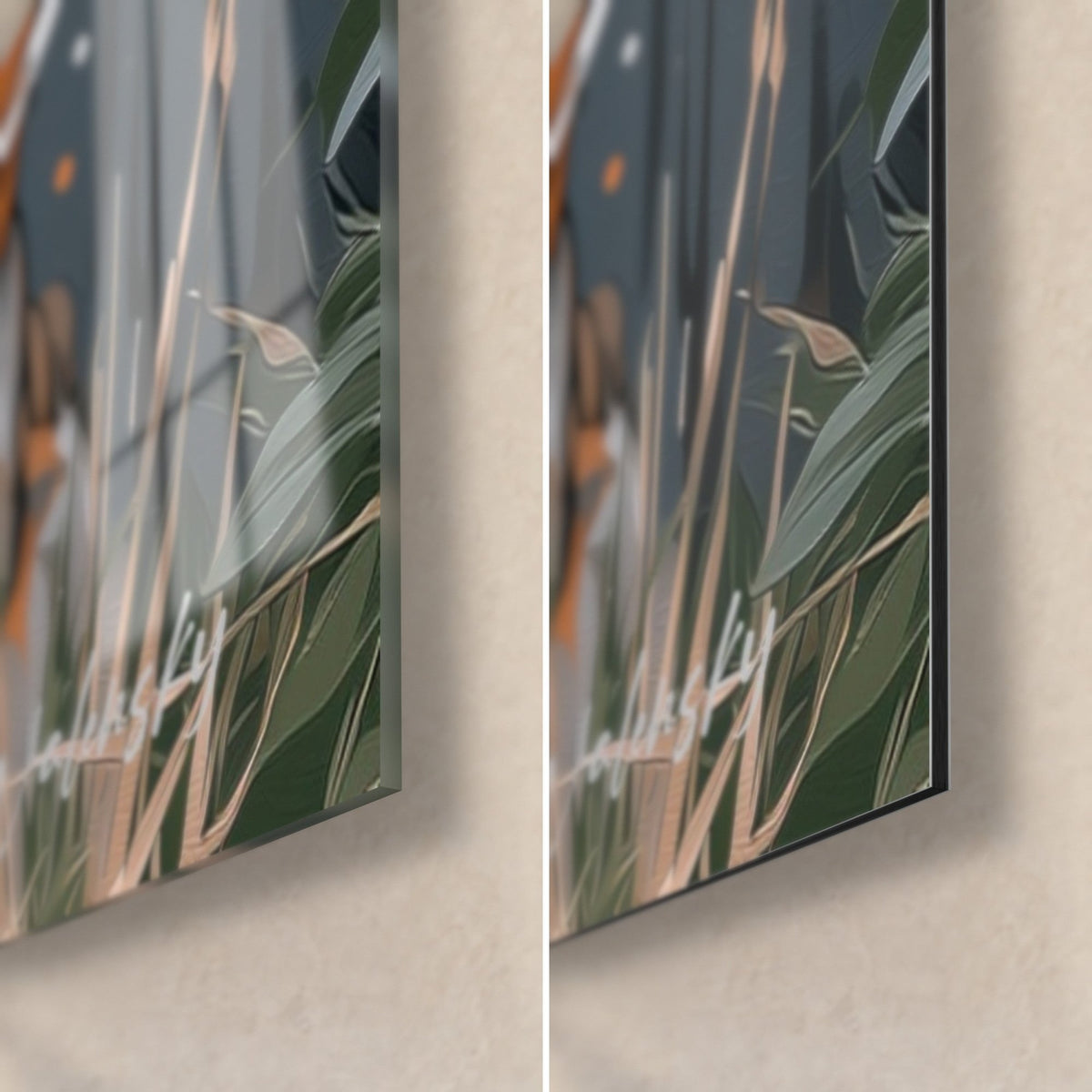 Gemälde Tiger in Orange und Schwarz, untere rechte Ecke: glänzendes Acrylglas links, matter Alu-Dibond rechts, 3 mm Kante