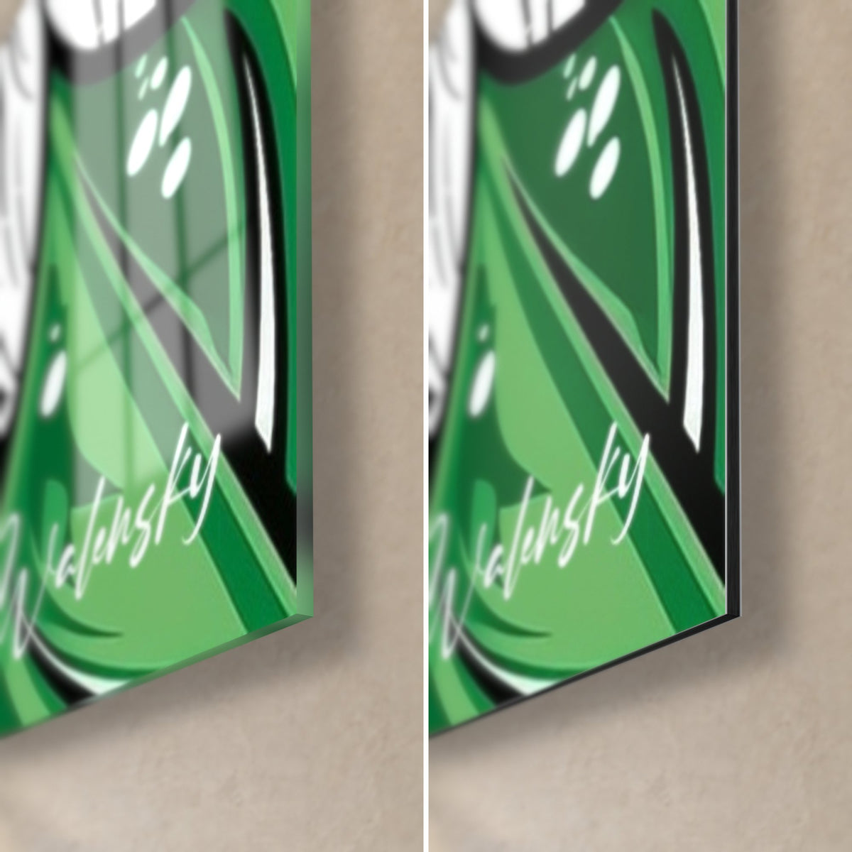 Cuadro tigre bajo las hojas, esquina inferior derecha: cristal brillante con reflejos verde intenso, Dibond mate negro, canto de 3 mm