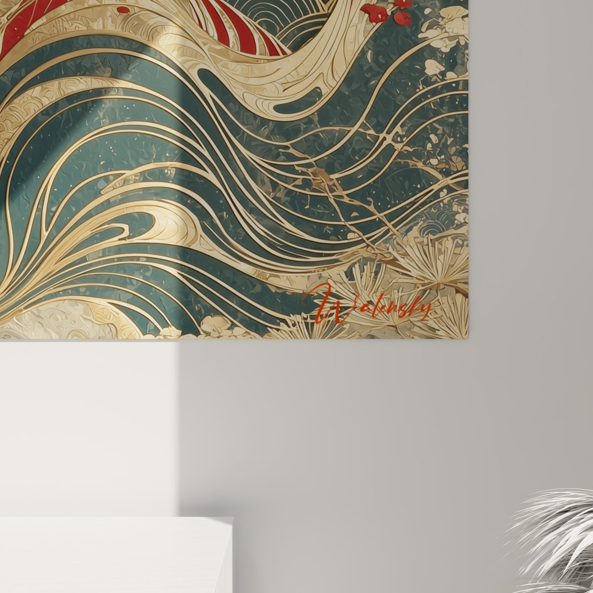 Détail des rayures dorées et du grain métallique sur fond rouge et bleu anthracite du tigre