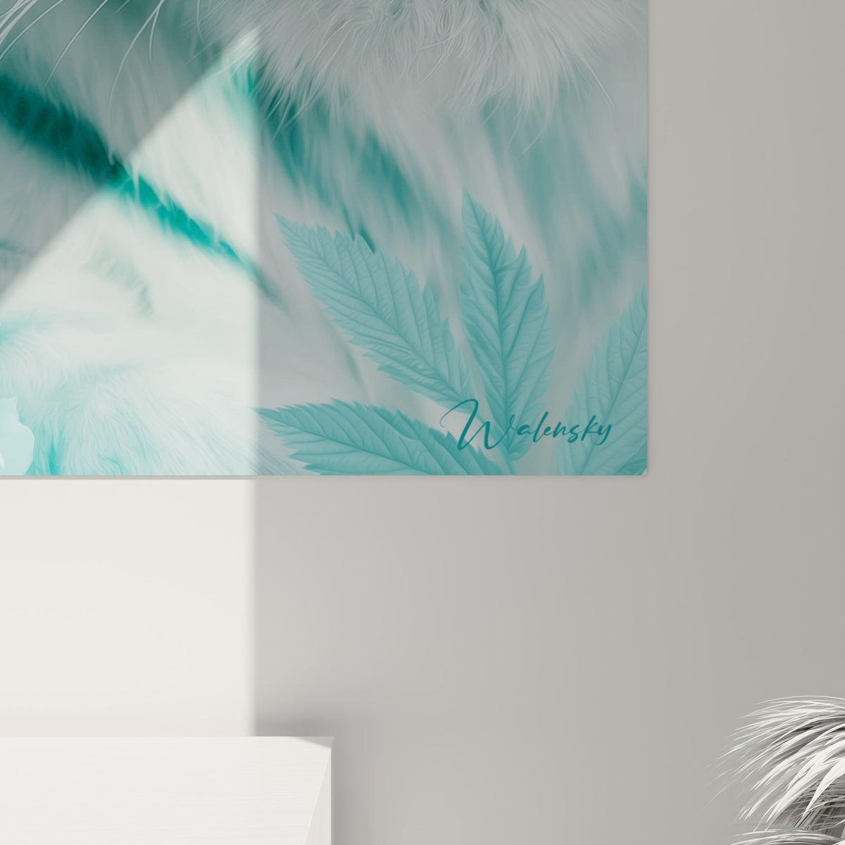 Détail des rayures turquoise et de la fourrure blanche finement texturée sur la toile imprimée