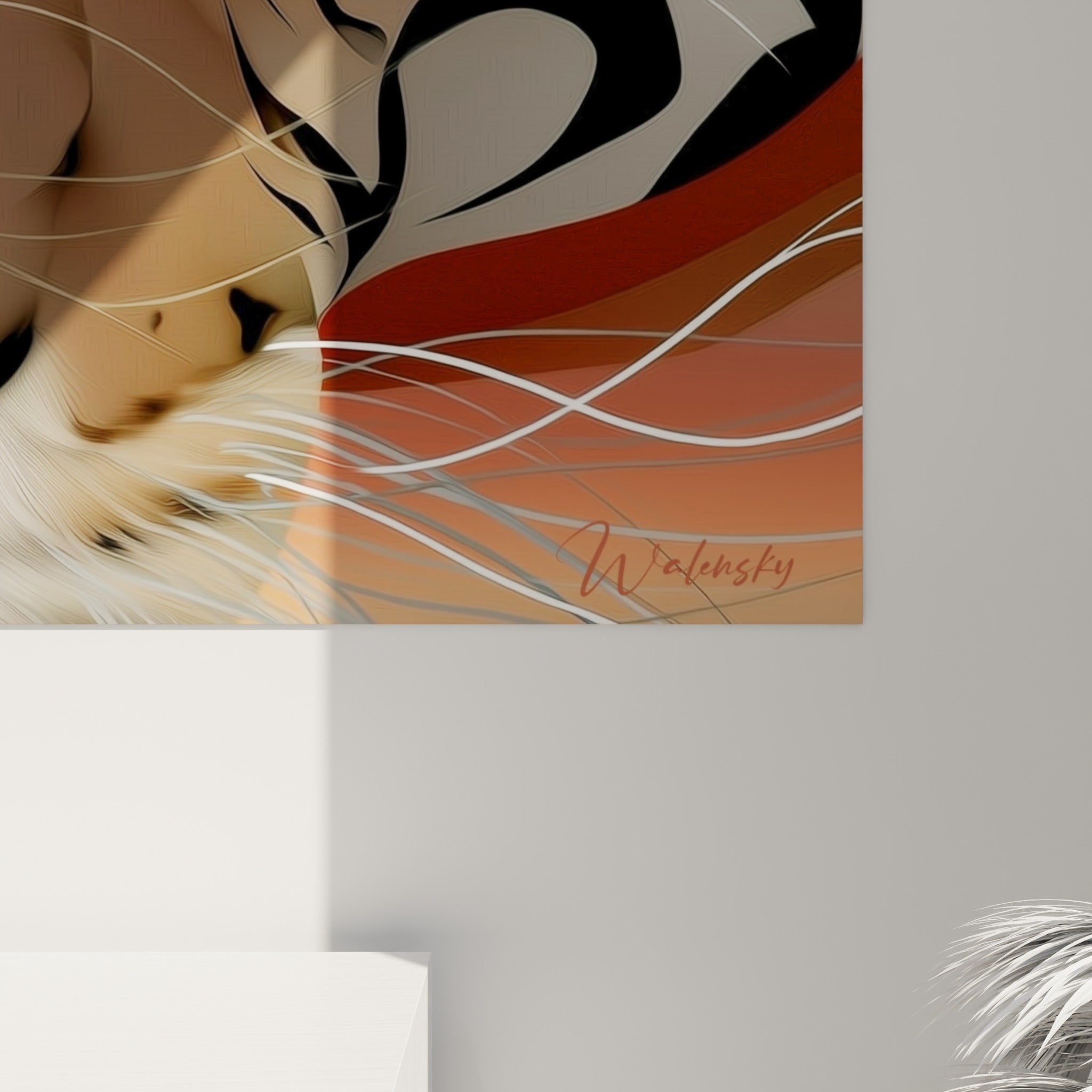 Détail des rayures orangées et du grain pictural du tigre, entre coulures dorées et empâtements sarcelle