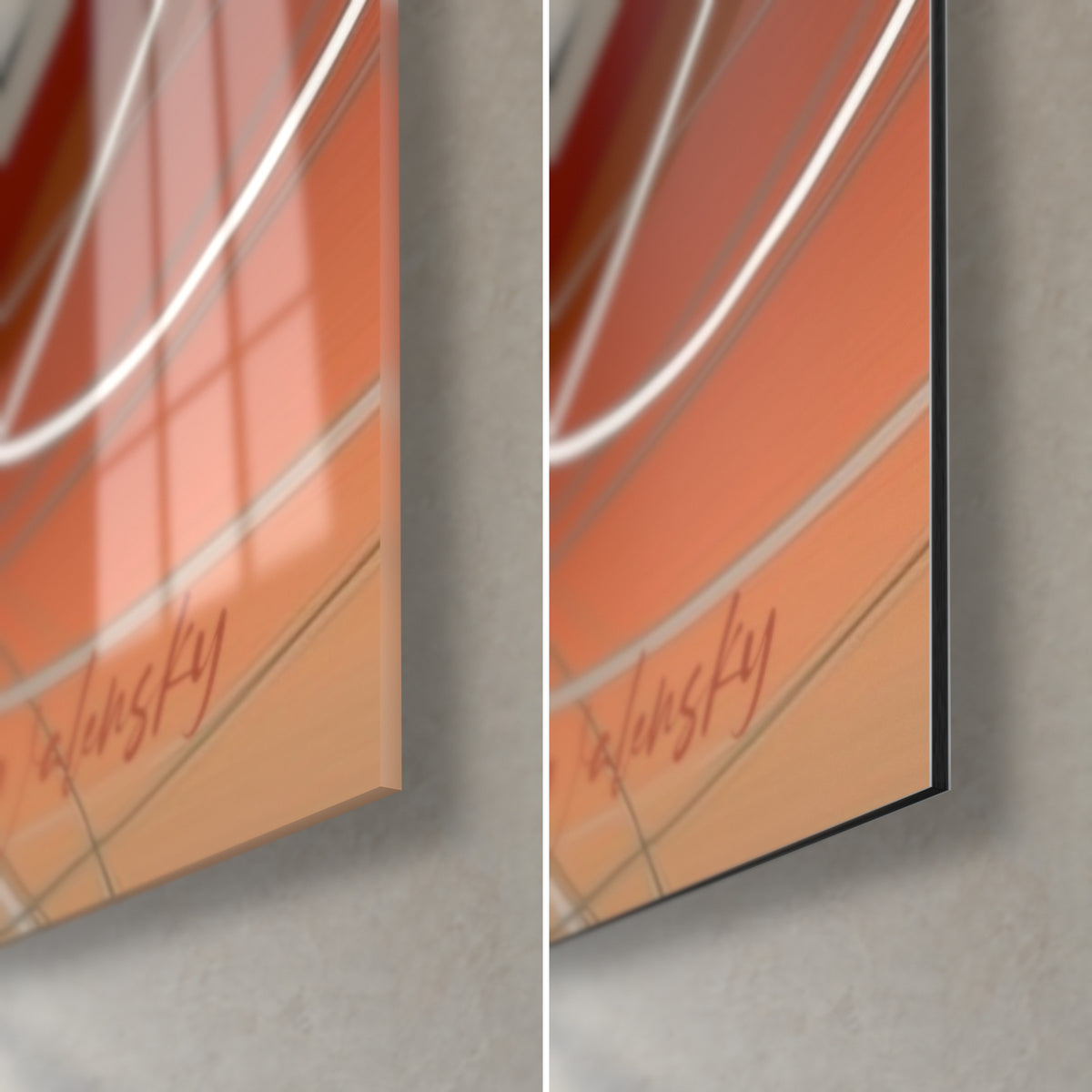Wall art tiger face in orange and terracotta blocks, bottom right corner, glossy glass on the left, matte Dibond on the right, 3 mm edge
