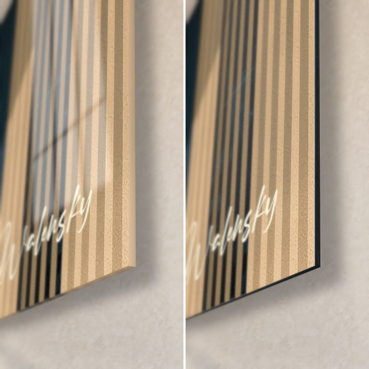 Schilderij tijger met rode en beige strepen, rechtsonder: glanzend acrylglas links, mat zwart Dibond-aluminium rechts, 3 mm rand