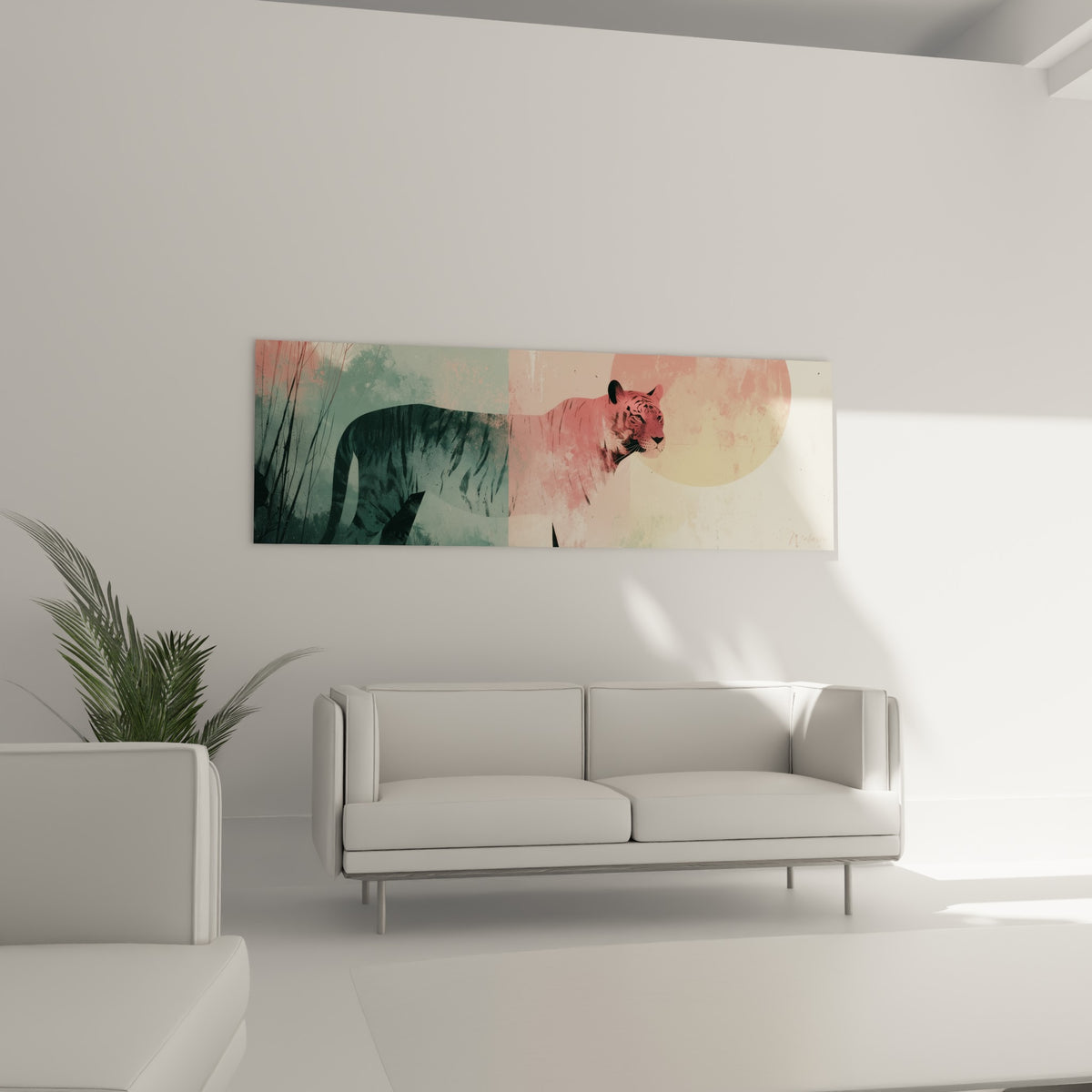 Tigre pastel rose et vert d'eau, disque solaire doré, au-dessus d'un canapé dans un salon lumineux