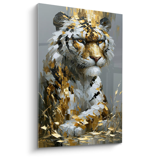 Tigre doré et anthracite au regard ambré, buste redressé parmi les herbes dorées peintes au couteau