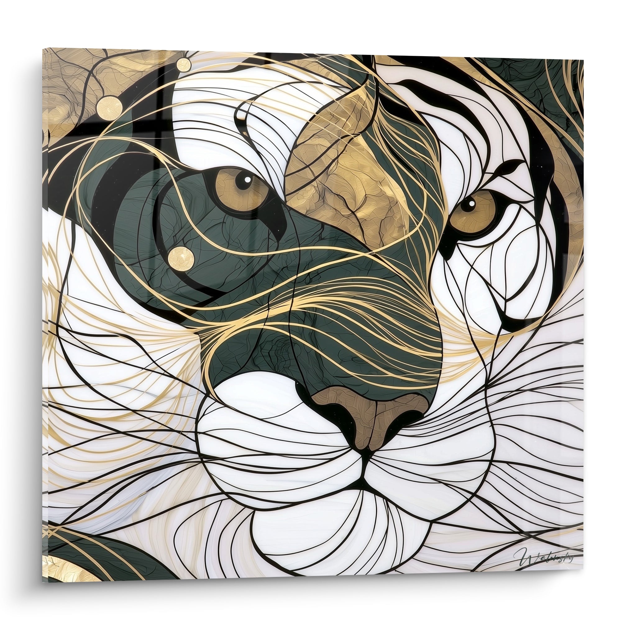 Tigre doré et anthracite au regard perçant, lignes graphiques entrelacées sur fond blanc