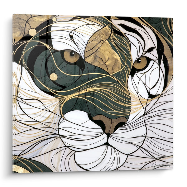 Tableau Tigre vert sapin et blanc aux filaments dorés - Pois lumineux dorés - Edition Tigre
