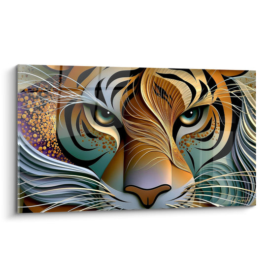 Tigre stylisé aux mèches dorées et anthracite, regard vert perçant, plein cadre sur fond graphique