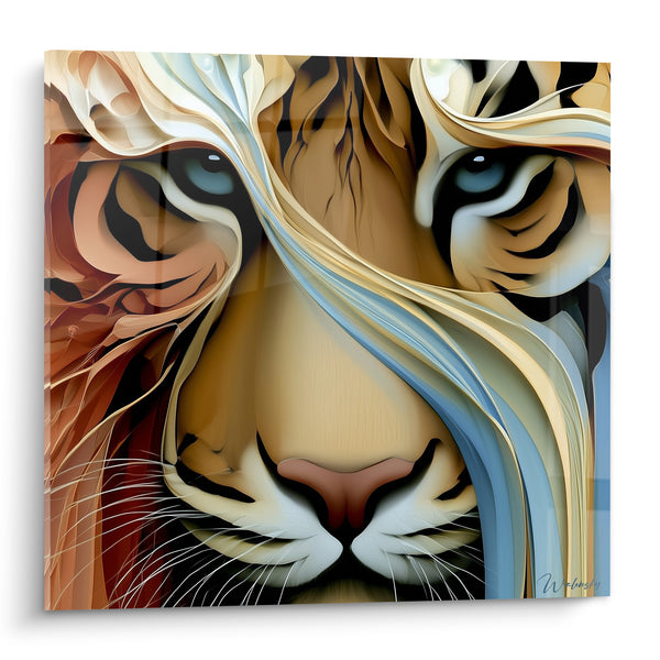 Goldener und blauer Tiger auf Leinwand mit skulptierten Strähnen - Klare, starre Augen - Tiger Edition